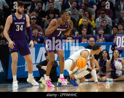 Sacramento, Kalifornien, USA. 18. März 2023. Während eines Spiels im NCAA Tournament im Golden 1 Center in Sacramento, Samstag, 18. März 2023. Princeton Tigers schlug die Missouri Tigers 78-63. (Kreditbild: © Paul Kitagaki Jr./ZUMA Press Wire) NUR REDAKTIONELLE VERWENDUNG! Nicht für den kommerziellen GEBRAUCH! Stockfoto