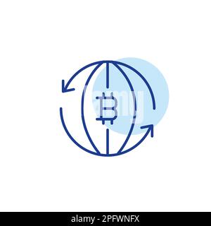 Globale Bitcoin-Kryptowährungszirkulation. Virtuelle Finanztools. Pixelgenaue, bearbeitbare Kontur Stock Vektor