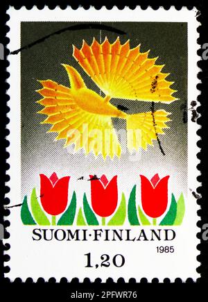 MOSKAU, RUSSLAND - 17. FEBRUAR 2023: In Finnland gedruckte Briefmarken zeigen Weihnachten, Serie, um 1985 Stockfoto