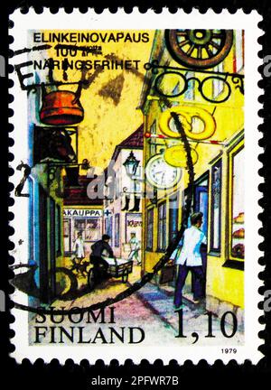 MOSKAU, RUSSLAND - 17. FEBRUAR 2023: Der in Finnland gedruckte Poststempel zeigt den Freihandelszettel circa1979 Stockfoto