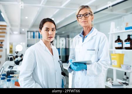 Die Wissenschaft ebnet der Welt den Weg nach vorn. Porträt von zwei Wissenschaftlern, die in einem Labor arbeiten. Stockfoto