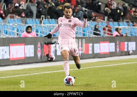 Toronto, Ontario, Kanada. 18. März 2023. Corentin Jean #14 in Aktion während des MLS-Spiels zwischen dem Toronto FC und dem Inter Miami CF auf dem BMO Field in Toronto. Das Spiel endete 2-0 (Kreditbild: © Angel Marchini/ZUMA Press Wire) – NUR REDAKTIONELLE VERWENDUNG! Nicht für den kommerziellen GEBRAUCH! Stockfoto