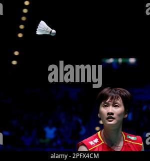 Birmingham, Großbritannien. 18. März 2023. Chinas Chen Yufei reagiert während des Frauenfinale gegen Akane Yamaguchi bei der All England Open Badminton Championships 2023 in Birmingham, Großbritannien, am 18. März 2023. Kredit: Li Ying/Xinhua/Alamy Live News Stockfoto