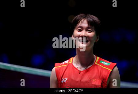 Birmingham, Großbritannien. 18. März 2023. Chinas Chen Yufei reagiert während des Frauenfinale gegen Akane Yamaguchi bei der All England Open Badminton Championships 2023 in Birmingham, Großbritannien, am 18. März 2023. Kredit: Li Ying/Xinhua/Alamy Live News Stockfoto