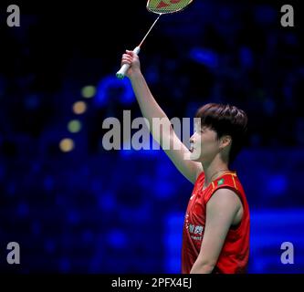 Birmingham, Großbritannien. 18. März 2023. Chinas Chen Yufei reagiert während des Frauenfinale gegen Akane Yamaguchi bei der All England Open Badminton Championships 2023 in Birmingham, Großbritannien, am 18. März 2023. Kredit: Li Ying/Xinhua/Alamy Live News Stockfoto