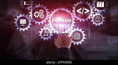 Python High Level Programmiersprache. Kommunikationstechnologie-Konzept. Stockfoto