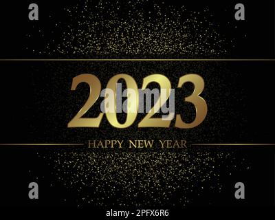 2023 Neujahr schwarzer Hintergrund mit goldfarbenem, glitzerndem Konfetti. Festliches Premium-Design für die Weihnachtsgrußkarte Stock Vektor
