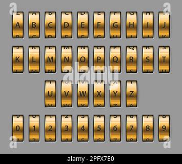 Schriftart für Kombinationssperre. Realistischer goldener mechanischer Code Stock Vektor