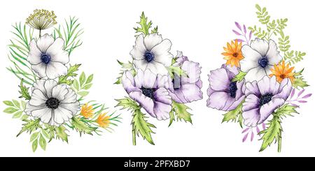 Mit Aquarellen von Aquarellen. Anemonblüten, gelbe Wildblumen, Zweige und Blätter. Clipart (Clipart). Die Abbildung wird von Hand gezeichnet Stockfoto