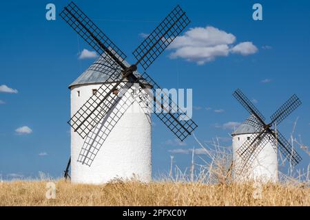 Zwei antike Windmühlen in Campo de Criptana, definiert in Cervantes' Don Quijote „die Riesen“ Stockfoto