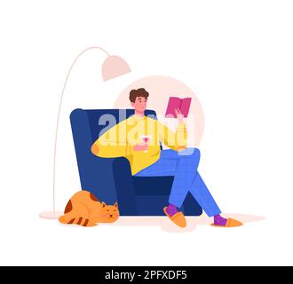 Happy man sitzt zu Hause auf einem Stuhl mit Buch und Glas Stock Vektor
