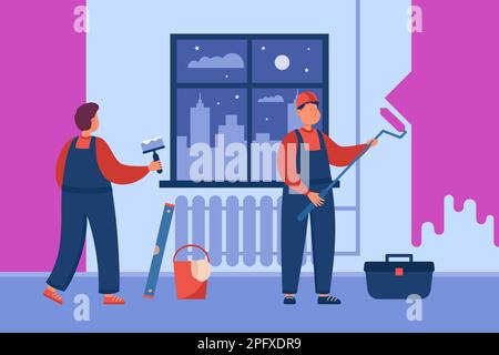 Maler malen Wände in Wohnungsflachvektordarstellung Stock Vektor