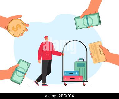 Hände von Touristen, die dem Pagen in Hoteluniform Geld spenden Stock Vektor