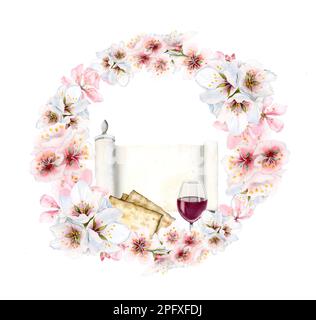 Aquarell Passover-Kranz mit pinkfarbenen weißen Mandelblumen, Matzah, Haggadah-Schriftrolle und Weinglas-Illustration für Grußkarten Stockfoto