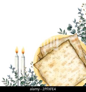 Happy Passover Gruß Aquarell-Bannervorlage mit Matzah, Kerzen, Eukalyptus und Kopierbereich für Text isoliert auf weißem Hintergrund Stockfoto