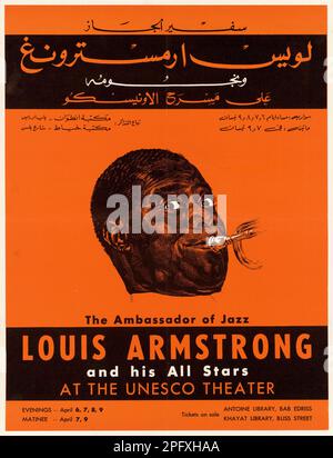 Satchmo - Louis Armstrong UNESCO-Konzertposter Beirut 1959, naher Osten, arabische Buchstaben Stockfoto