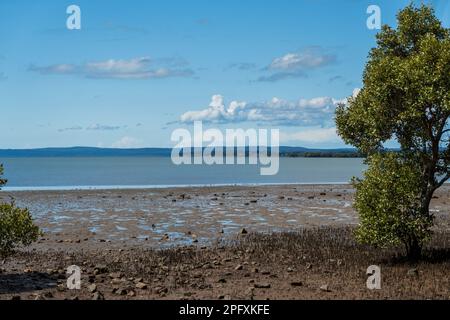 Blick vom Ufer der Redland Bay über das Wasser nach Macleay und Stradbroke Islands. Queensland, Australien. Stockfoto