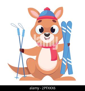 Känguru mit Skiern und Stäbchen, Cartoon-Vektordarstellung Stock Vektor