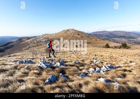 Frau, Touristin, Wanderer, die auf einem grasbewachsenen, kargen Bergmassiv auf der Halbinsel istrien wandern, an einem kalten, windigen Wintertag, slowenien Stockfoto