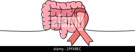 Menschlicher Darm mit Band einzeiliger, durchgehender Zeichnung. Krebsbewusstseinsband, AIDS-Band durchgehende einzeilige, farbenfrohe Illustration. Vektor Stock Vektor