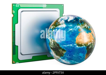 CPU mit Earth Globe, 3D-Rendering isoliert auf weißem Hintergrund Stockfoto