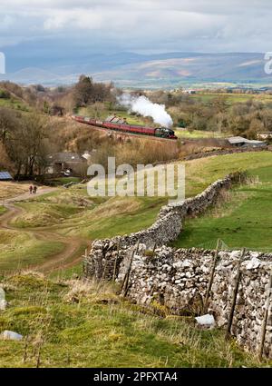 Dampflokomotive „Scots Guardsman“ mit dem Winter Cumbrian Mountain Express Special am Crosby Garrett Viadukt, Cumbria, an der Settle-Carlisle-Linie. Stockfoto