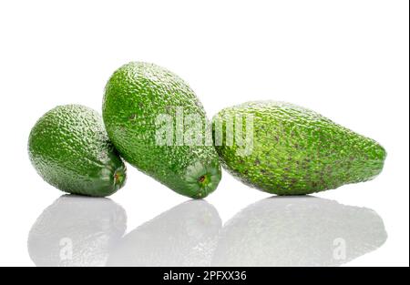 Drei dunkelgrüne, reife organische Avocados, Makro, isoliert auf weißem Hintergrund. Stockfoto