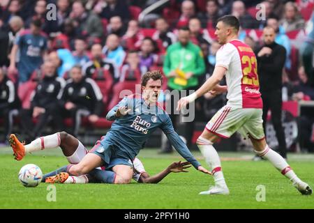 Amsterdam, Niederlande. 19. März 2023. Amsterdam - Mats Wieffer von Feyenoord während des Spiels zwischen Ajax und Feyenoord in der Johan Cruyff Arena am 19. März 2023 in Amsterdam, Niederlande. Kredit: Box to box images/Alamy Live News Stockfoto