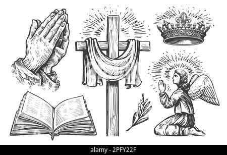 Christliches Kreuz, Gebetsengel, offene Bibel, Hände in Gebete, Krone des Königs Gottes. Skizze für Religionsgruppe Stockfoto