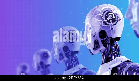 Die Reihe von 3D-Darstellungen humanoider Roboterporträts mit digitalem Gehirn. Robotik-Armee, Maschinen lernen Cyborgs-Team auf futuristischem Netzwerkhintergrund. A Stockfoto