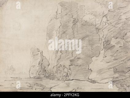 Drei Figuren stehen bei Rocky Cliffs, zwei Reiter in Distance von Richard Wilson Stockfoto