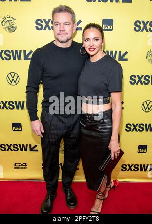 AUSTIN, TEXAS - MÄRZ 18: Matt Damon und Luciana Bozán besuchen die Weltpremiere von „Air“ im Paramount Theatre während der SXSW-Konferenz und des 2023. Festivals am 18. März 2023 in Austin, Texas (Foto von Maggie Boyd/SipaUSA). Guthaben: SIPA USA/Alamy Live News Stockfoto