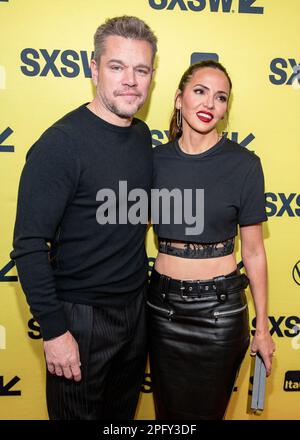 AUSTIN, TEXAS - MÄRZ 18: Matt Damon und Luciana Bozán besuchen die Weltpremiere von „Air“ im Paramount Theatre während der SXSW-Konferenz und des 2023. Festivals am 18. März 2023 in Austin, Texas (Foto von Maggie Boyd/SipaUSA). Guthaben: SIPA USA/Alamy Live News Stockfoto