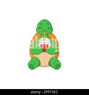 Süße Schildkröten-Cartoon-Figur, trinkende Bubble-Tee-Aufkleber Stock Vektor