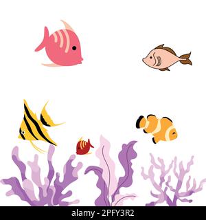 Farbenfrohes Aquarium. Einrichtung des Fischtanks. Schöne Fische im Aquarium. Aquarium-Einrichtung Stock Vektor