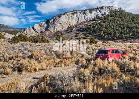 Kalksteinklippen, großer Sagebrush, Geländewagen auf Schotterwegen in der Nähe der Narrows Passage auf der Steptoe Creek Road, Cave Lake State Park, Schell Creek Range, Nevada Stockfoto