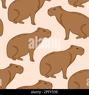 Handgezeichnetes Nahtmuster eines süßen Wasserschwanztiers in Beige auf weißem Hintergrund. Wilde Tierwelt, Tiermaskottchen im Zoo, pelzige Tierarten wie Nagetiere, einfaches minimalistisches Liniendesign. Stockfoto