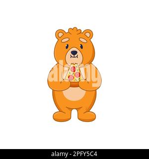 Süßer Bär-Cartoon-Charakter, der ein Stück Pizza-Aufkleber isst Stock Vektor