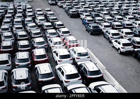 Ein Parkplatz mit vielen neuen Autos. Ein Freiluftparkplatz aus der Vogelperspektive. Stockfoto