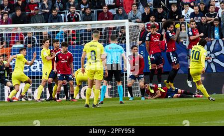 Pamplona, Spanien. 19. März 2023. Sport. Fußball. Fußballspiel von La Liga Santander zwischen CA Osasuna und Villarreal CF, gespielt im El Sadar Stadion in Pamplona (Spanien) am 19. März 2023. Kredit: Inigo Alzugaray/Alamy Live News Stockfoto