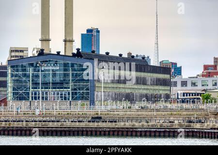 Das Duggal Greenhouse, eine ehemalige Versammlungshalle, bekannt als Brooklyn Navy Yard's Building 268, wurde ausgeklammert und zu einem Veranstaltungsort für Großveranstaltungen umgebaut. Stockfoto