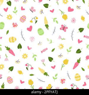 Süße Frühlingsgrafiken, Blumen, Blätter, dekoratives, nahtloses Muster mit Eiern. Garten, winzige Elemente, Schmetterling und Karotten. Vektorhintergrund der Doodle-Elemente Stock Vektor