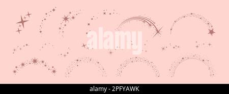 Stars Arch, Sternkompositionen Grafikkunst. Glänzende Elemente, Silhouetten mit Sternenmotiven und Punkten. Kometen und abstrakte Sternbilder, himmlische Retro-Vektorgruppe Stock Vektor