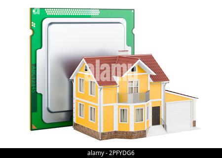 CPU mit Home, 3D-Rendering isoliert auf weißem Hintergrund Stockfoto