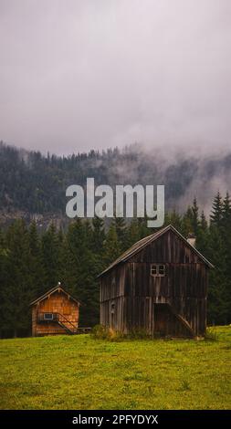 Ein vertikales Bild eines traditionellen ländlichen Hauses vor dem Hintergrund von majestätischen Bergen und üppigen Wäldern Stockfoto