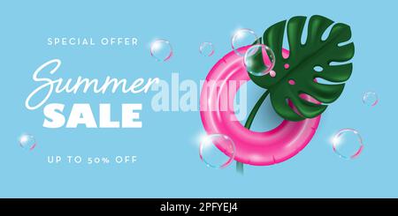 Banner für Sommerangebote mit aufblasbarem Ring, Monstera Leaf und Seifenblasen. Vektordarstellung im 3D-Stil Stock Vektor