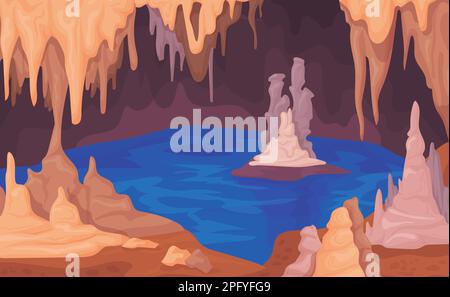 Stalagmitenhöhle. Dunkle Höhle im Cartoon-Hintergrund mit Stalagmiten-Stalaktiten, natürlicher Kalksteindecke und Boden Gruselhöhlen spielen Vektordarstellung von Höhlenfelsen und Höhlenstein Stock Vektor