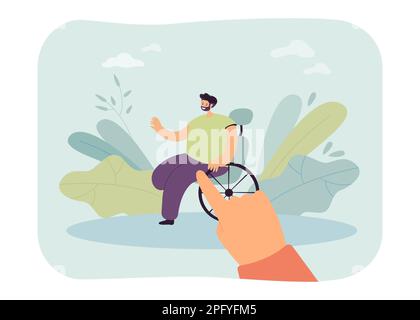 Die Hand zeigt auf einen fröhlichen Cartoon-Mann im Rollstuhl Stock Vektor