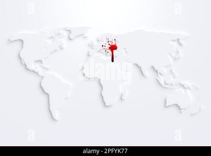 Weiße Weltkarte mit Schatten oder 3D-Effekt auf Weiß. Blut tropfte aus der Ukraine und spritzte nach Russland und Europa. Kriegs- und Krisenkonzept in der Ukraine. Stockfoto