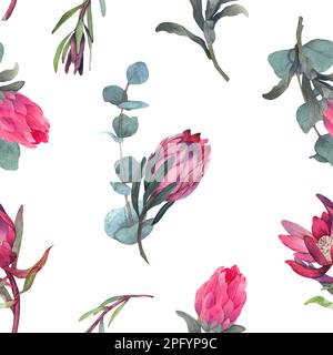 Wasserfarbenes, nahtloses Muster mit magentafarbenem protea, blühenden Blüten im Hintergrund und proteablättern. Stockfoto